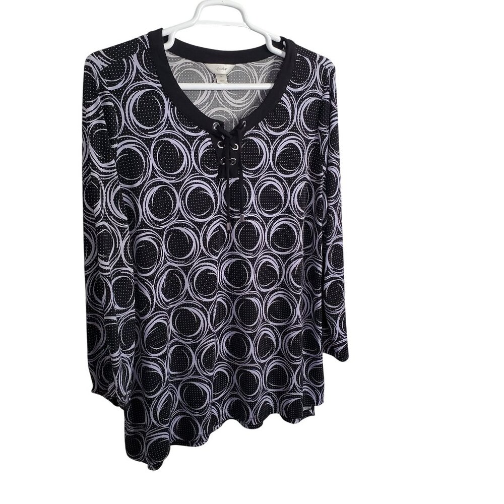CJ Banks Sz 2X Tunic Popover Artsy Circle Print Fluid Jersey Knit Office Casual